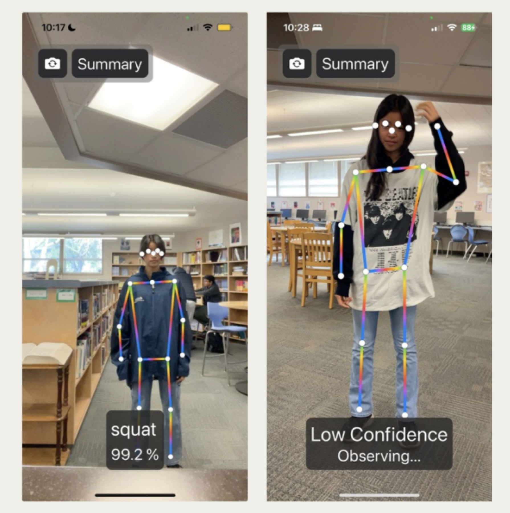 PhysioRise running live: skeleton overlay classifying a squat at 99.2 percent confidence on the left, and a Low Confidence / Observing state on the right when no exercise is being performed
